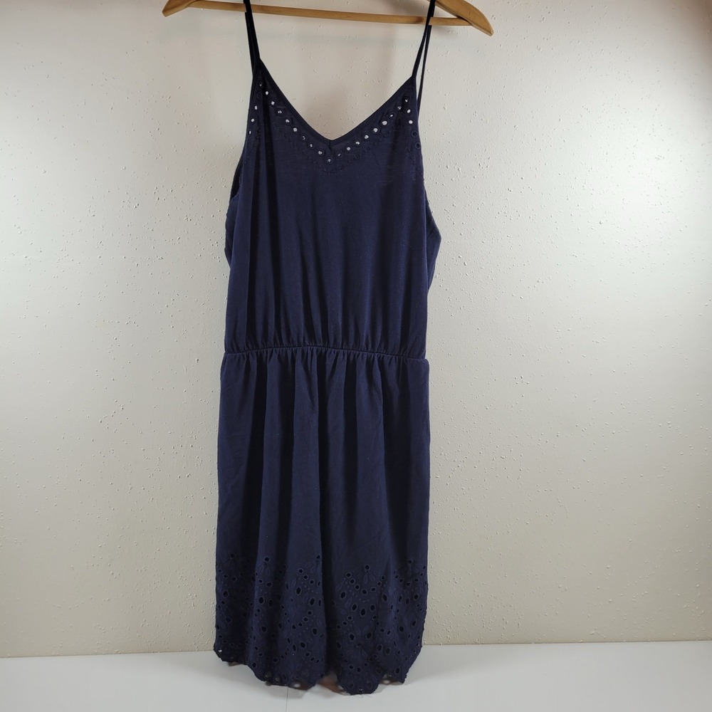 LOFT Eyelet Sun Dress Womens Small Navy Blue Excellent Cotton Modal Knit